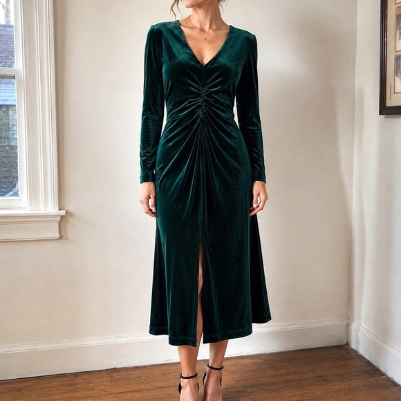 Eliza J Dresses & Skirts - Eliza J Green Velvet Midi Dress Ruched Long Sleeve Cocktail Holiday Glam 6